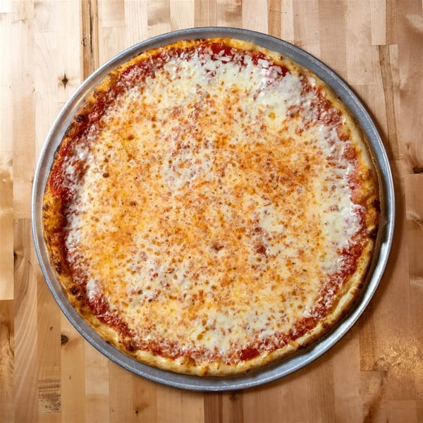 A large, round cheese pizza with a golden crust on a metal pan, viewed from above.