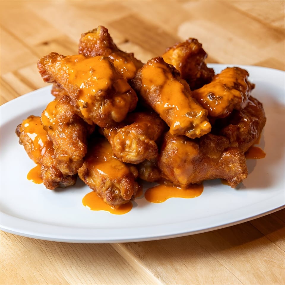 A white plate piled high with golden-brown chicken wings, generously coated in a vibrant orange sauce.