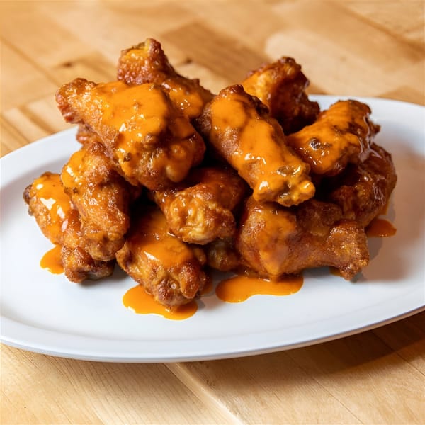 A white plate piled high with golden-brown chicken wings, generously coated in a vibrant orange sauce.