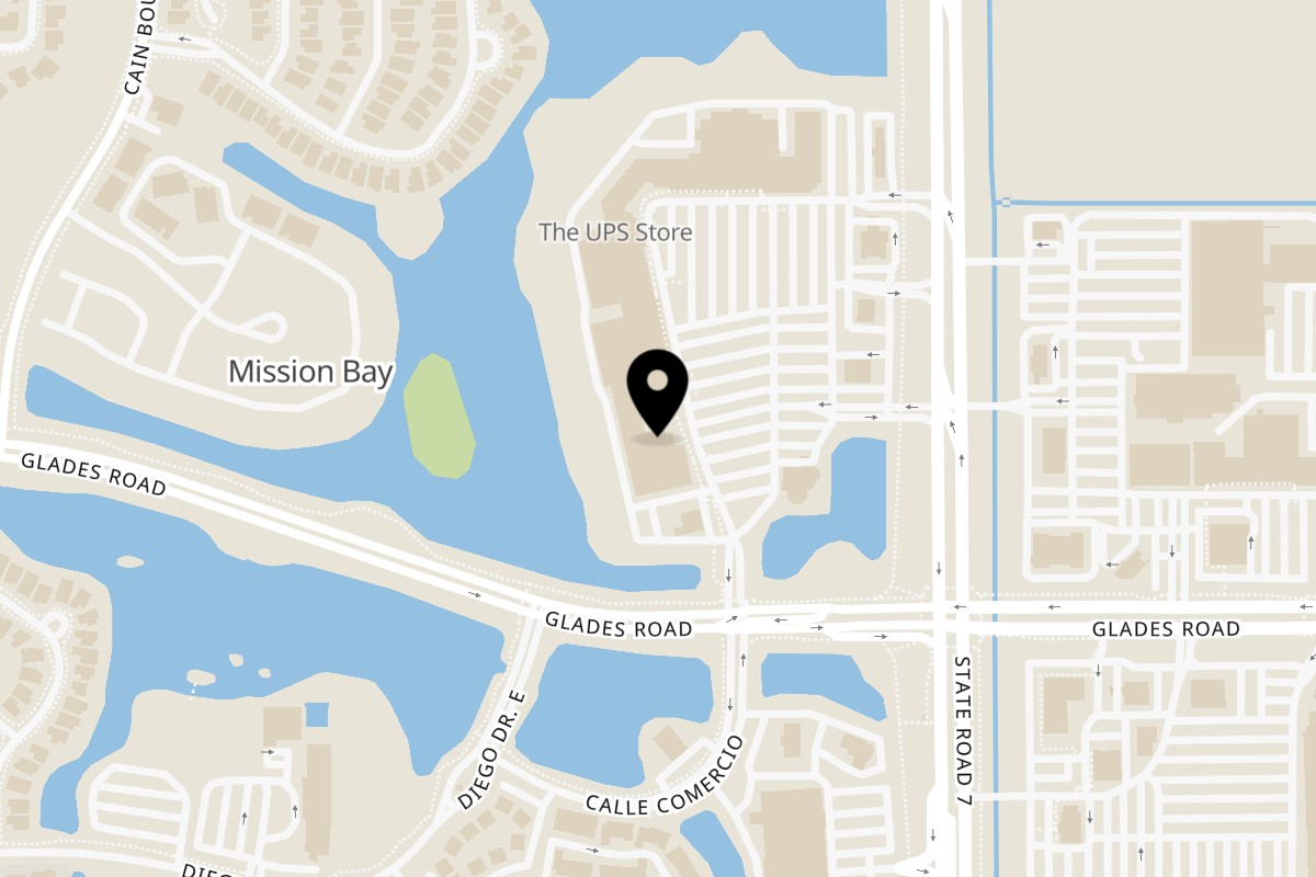 Map showing the location of The NY Pizza Place Boca Raton on 20449 SR-7 AA-9 Mission bay, Center in Boca Raton